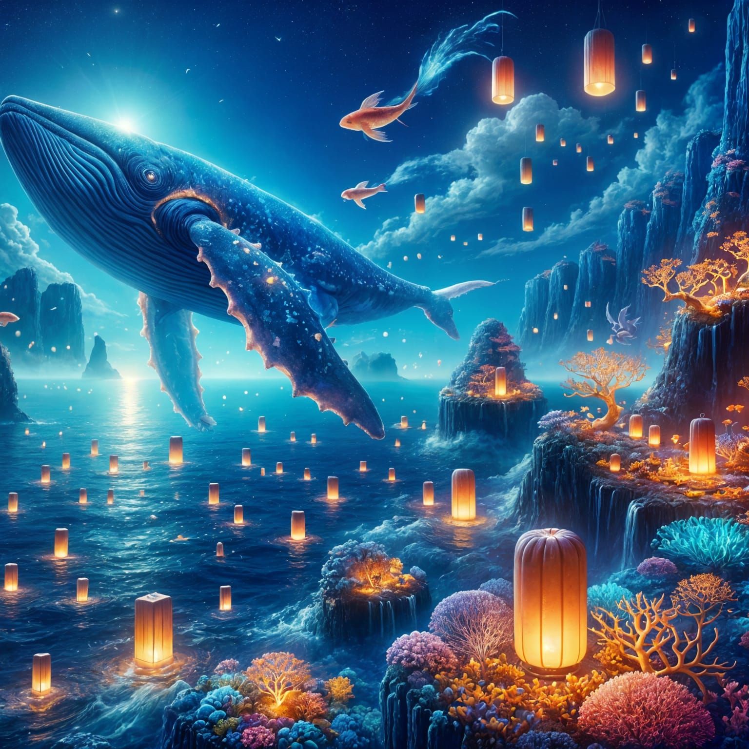 Whale Islands Drift on Indigo Oceans with Floating Lanterns