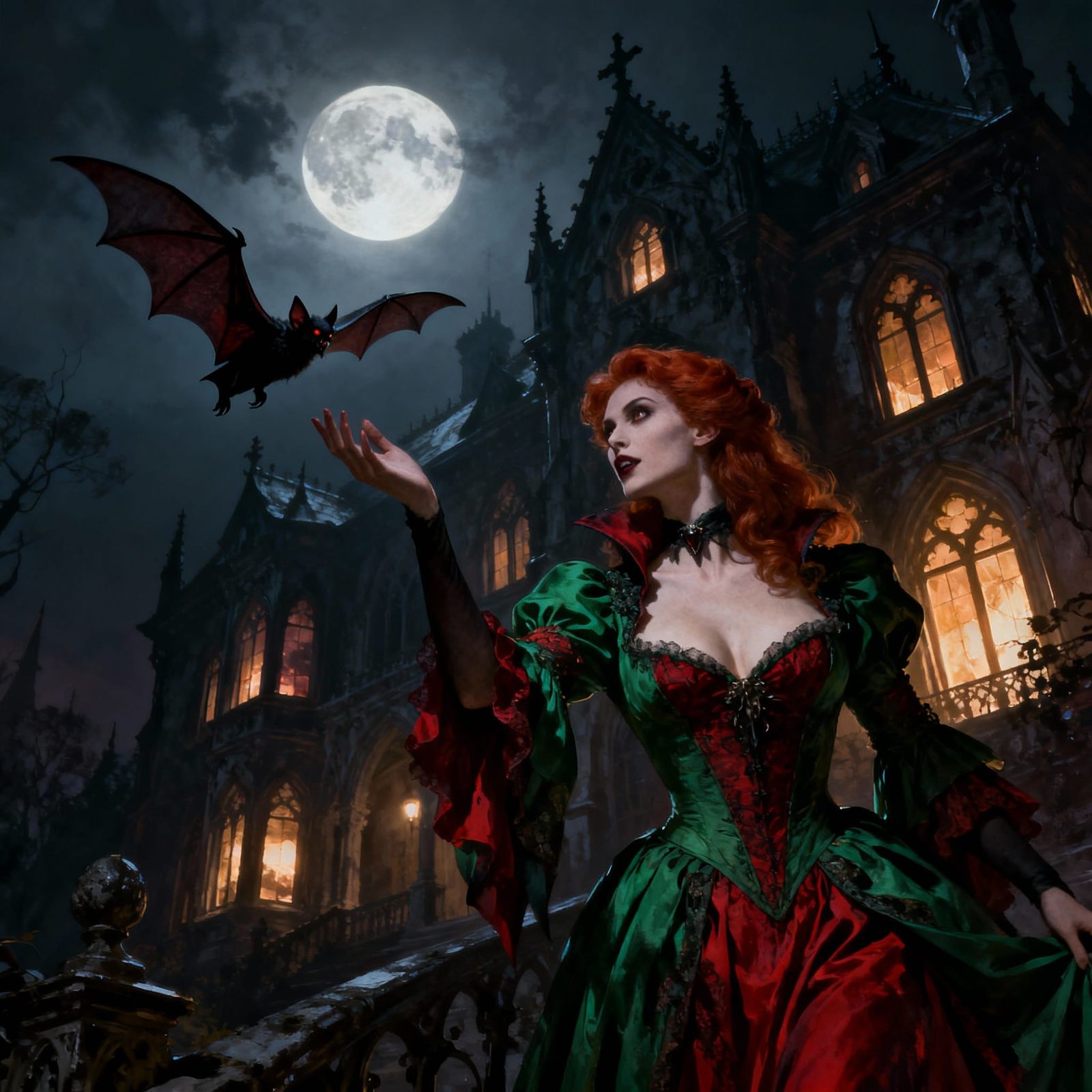 Gothic Vampire Meets Bat Outside Mansion