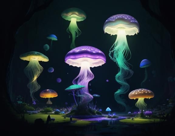 Jellyfish in Toadstool Forest, Beatrix Potter Style