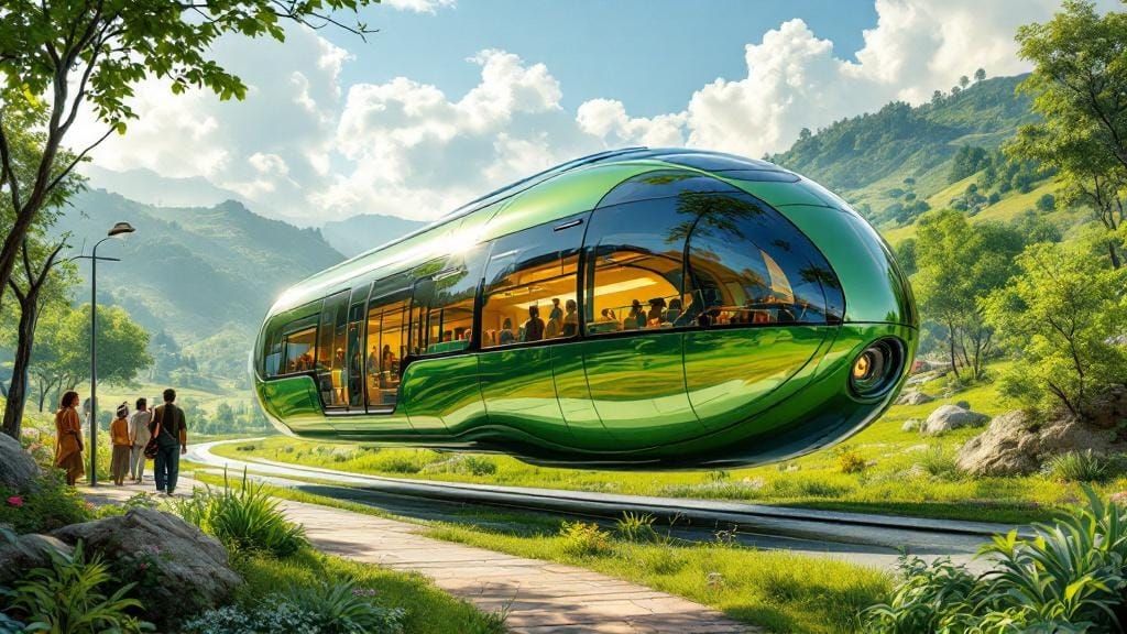 Futuristic Flying Bus in Rural Ecological Landscape