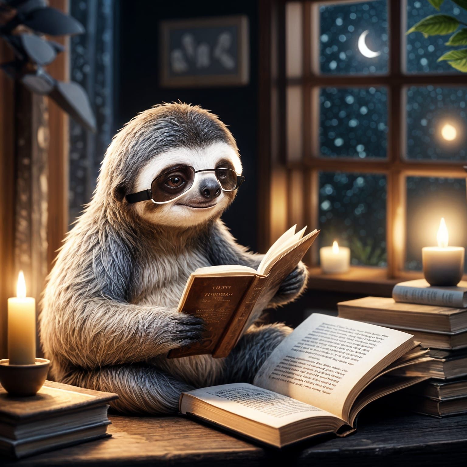 Sloth Reads by Night in Cozy Cabin