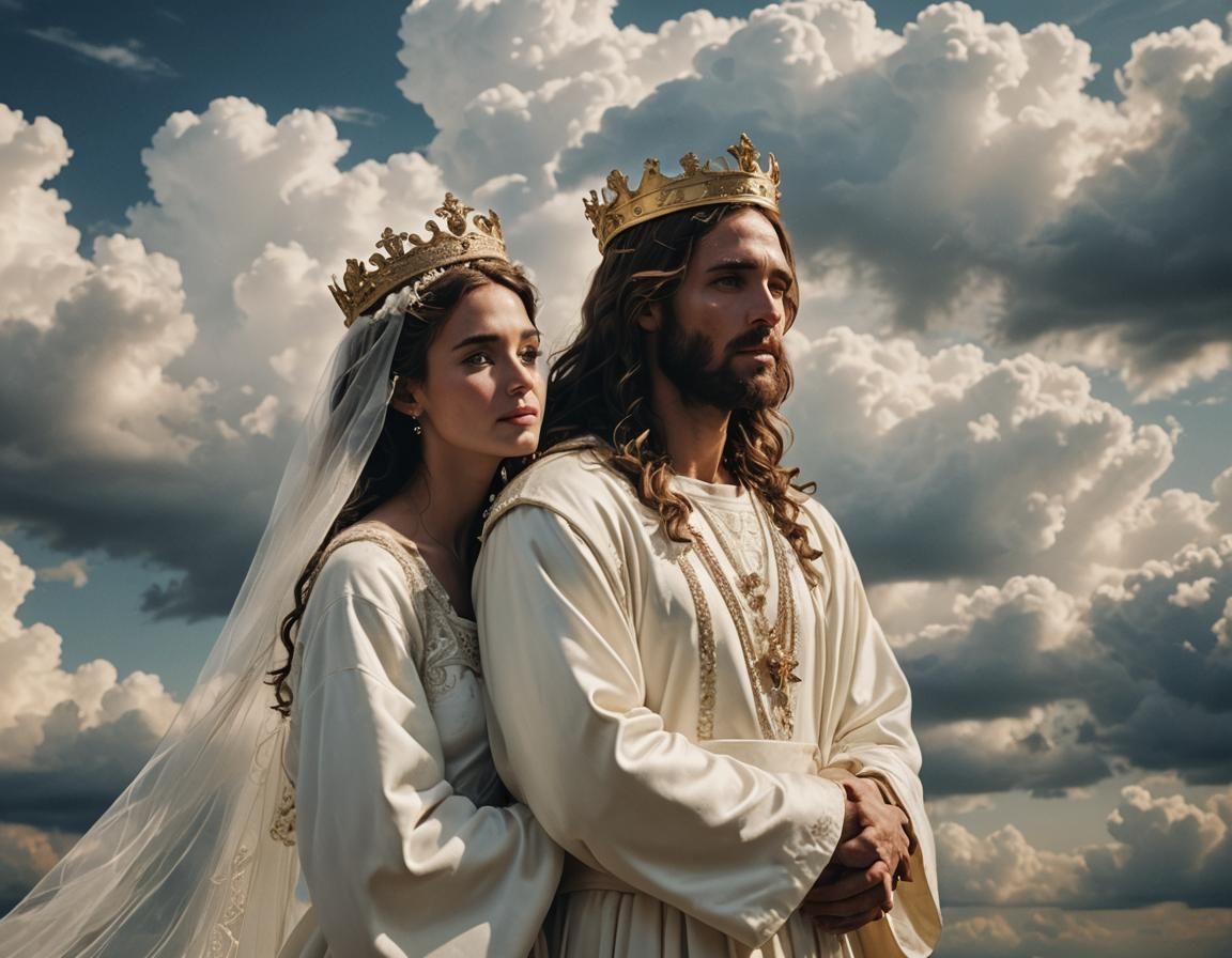 Jesus and Bride Embrace in Heavenly Scene