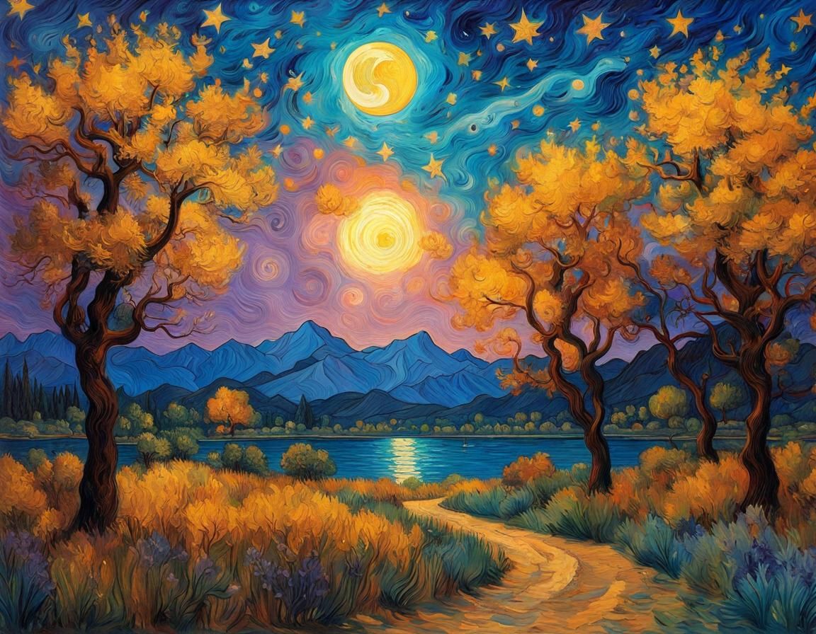 Starry Night Landscape as Impressionist Painting