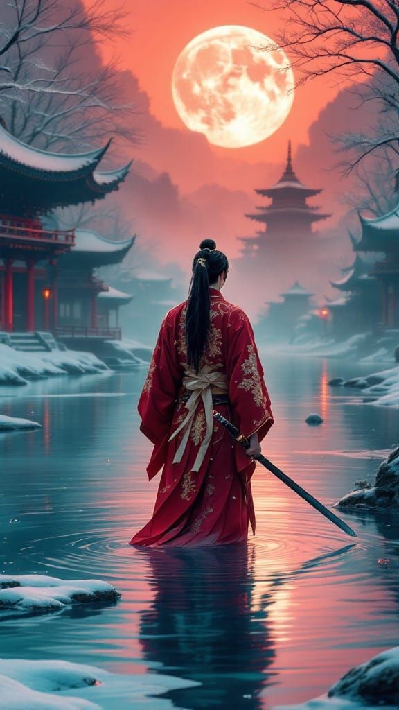 Heroic Samurai Amidst Pagodas in Winter Wonderland