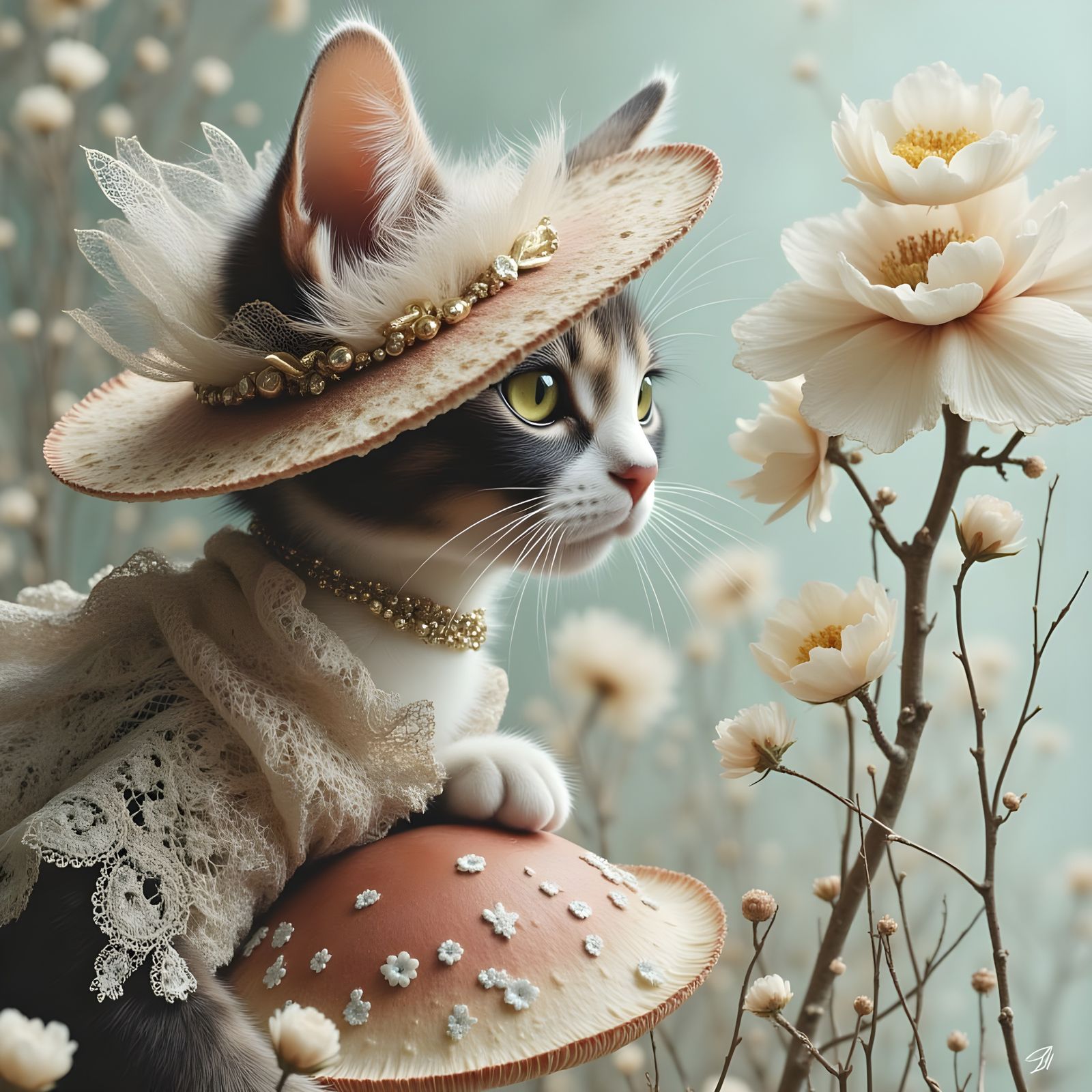 Pearl Cat Postage Stamp Art in Impasto Style