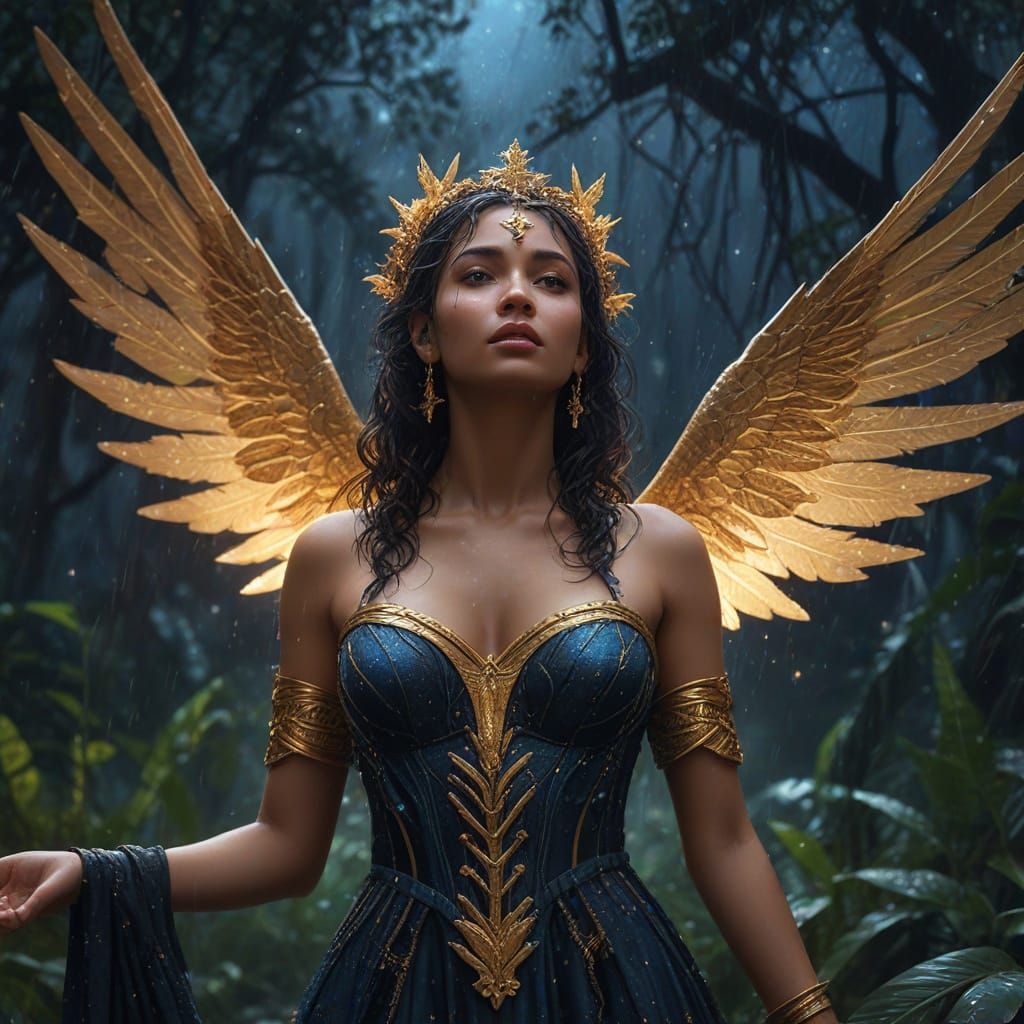 Goddess Nemesis in Rainforest: Hyper-Realistic Oil Painting