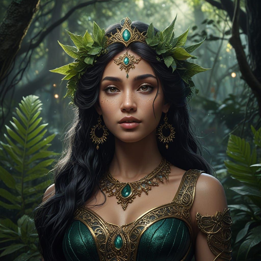 Nemesis Goddess in Starry Rainforest: Hyper-Realistic Oil Pa...