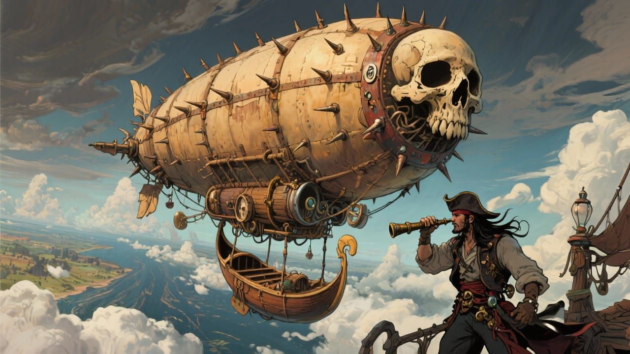 Steampunk Pirate Airship with Skull and Spikes