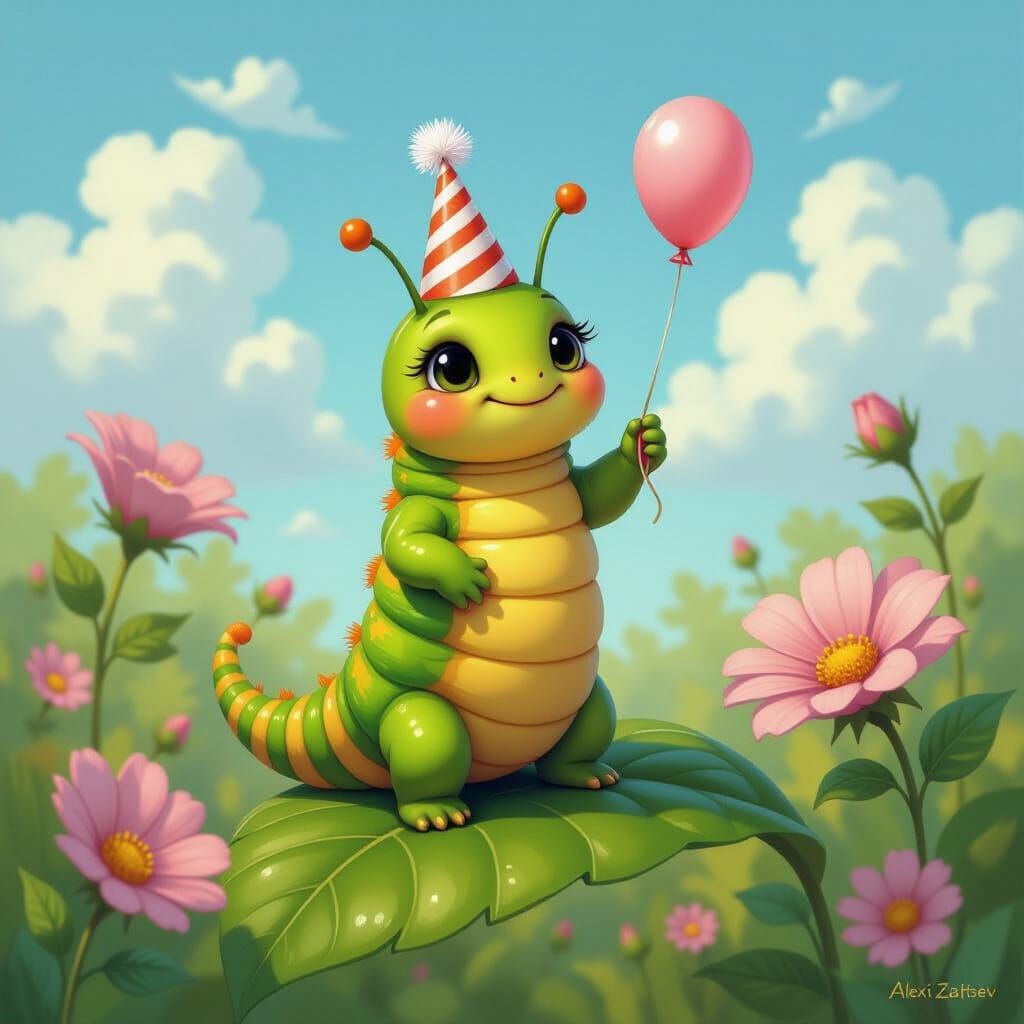 Adorable Caterpillar Celebrates in Lush Garden, Oil Painting