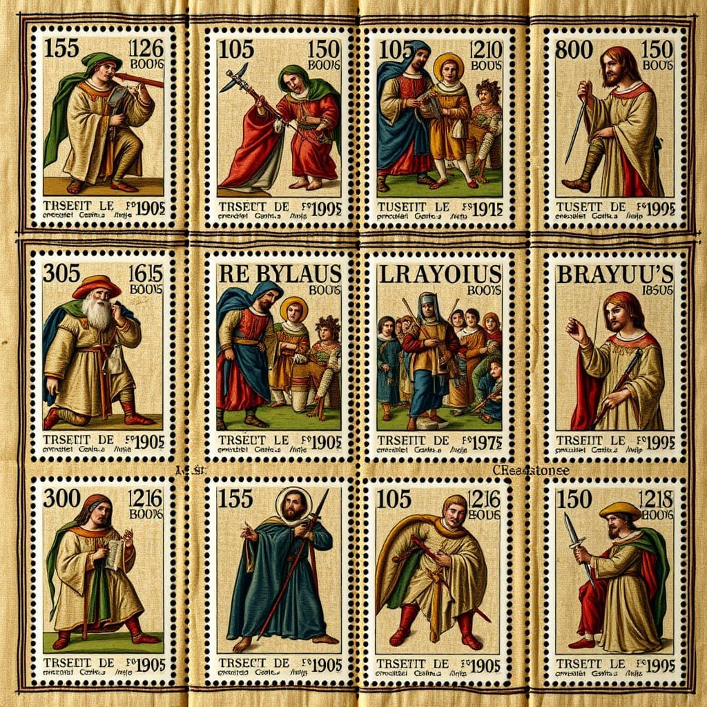 French Stamps of Bayeux Tapestry in Illuminated Style