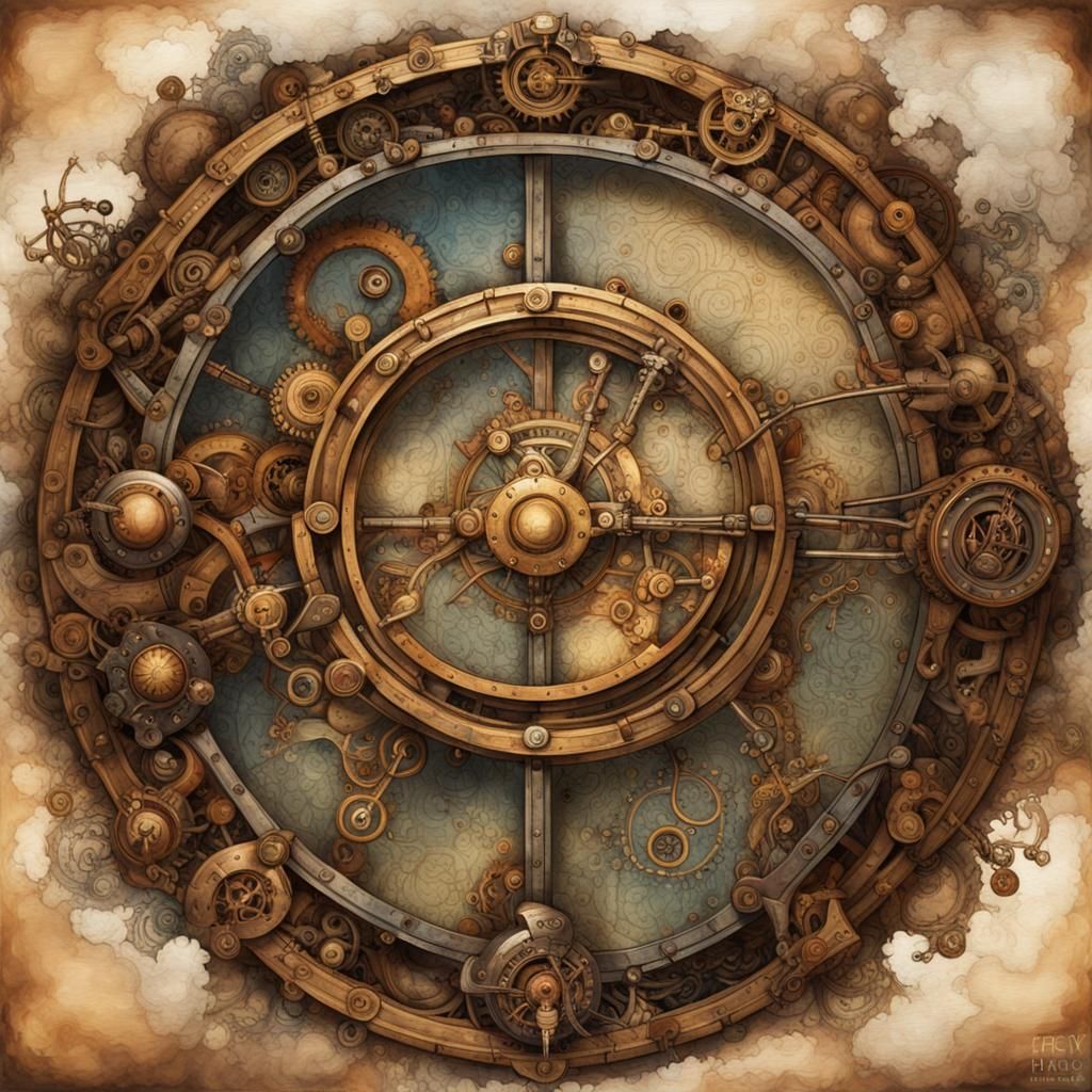 Ornate Steampunk Border with Gears and Watercolor Background