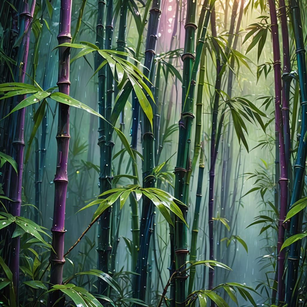 Iridescent Raindrops on Bamboo: Detailed Matte Painting
