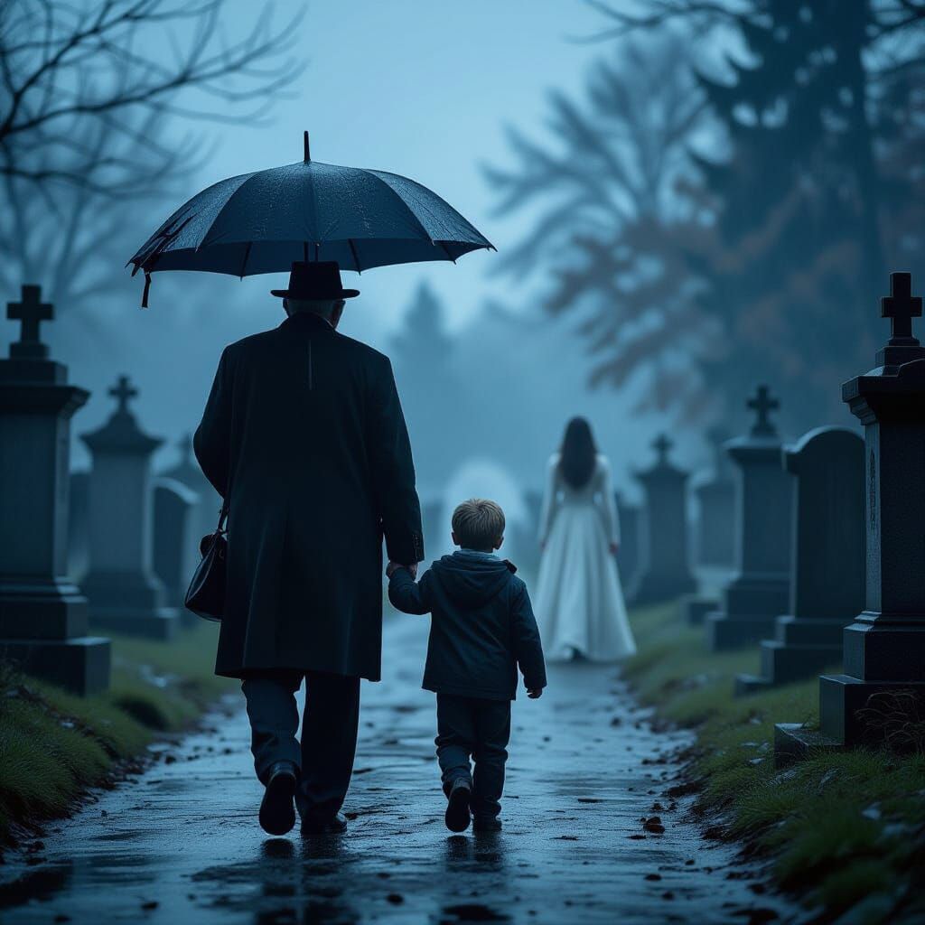 Man and Boy in Rainy Cemetery with Ghostly Figure