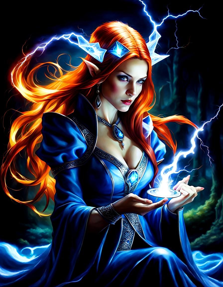 Fairy Sorceress Casting Lightning Magic in Fantasy Art Style