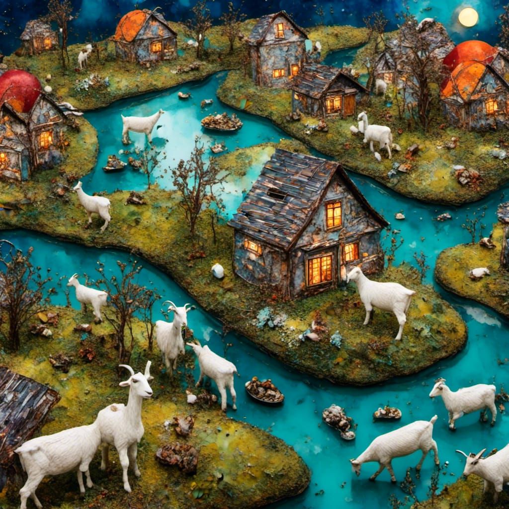 Futuristic Farm at Night: Goats Float on Cheese Downriver