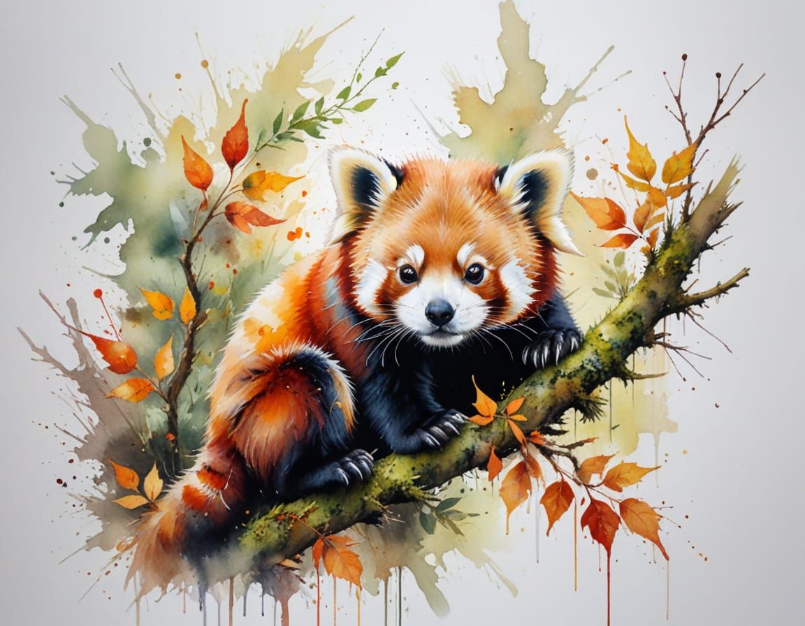 Red Panda Serene on Autumn Branch in Watercolor Style