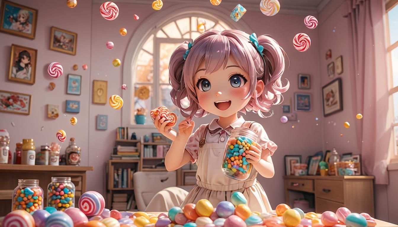Anime Chibi Girl with Candy Jar, Photorealistic Digital Art