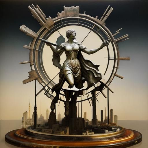 Double Exposure: Marble Statue and Dystopian Cityscape