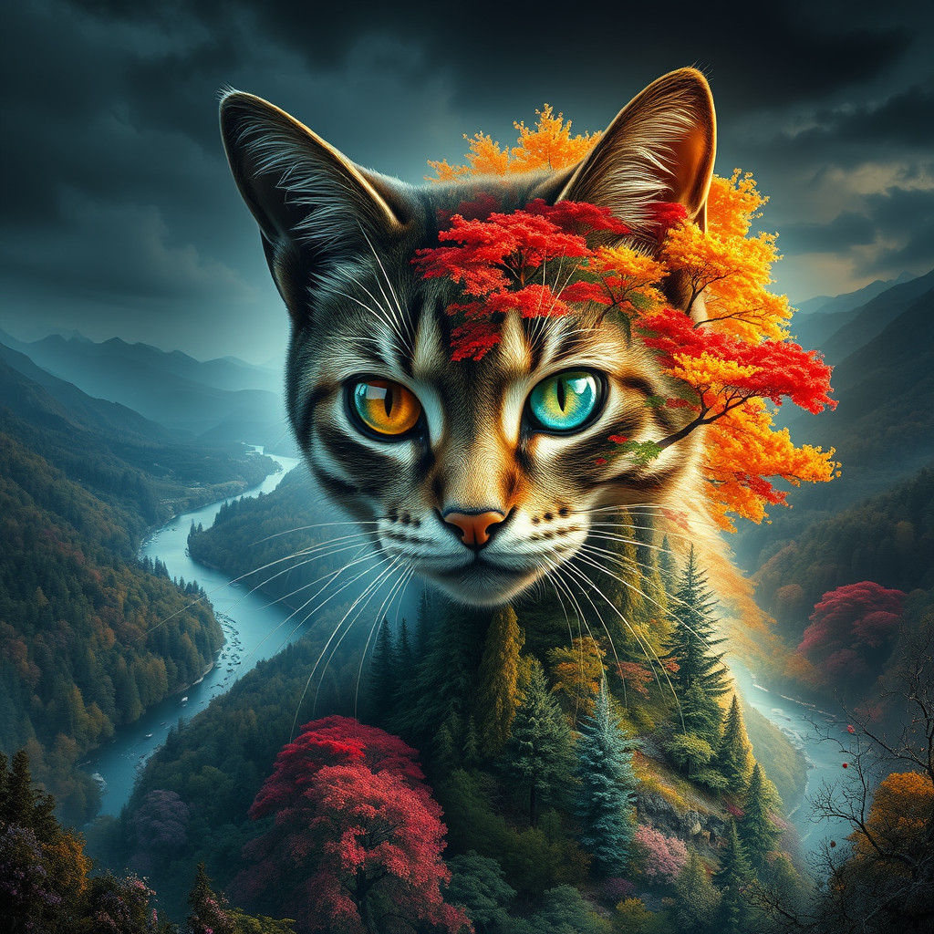 Surreal Cat Made of Nature in Dreamlike Landscape