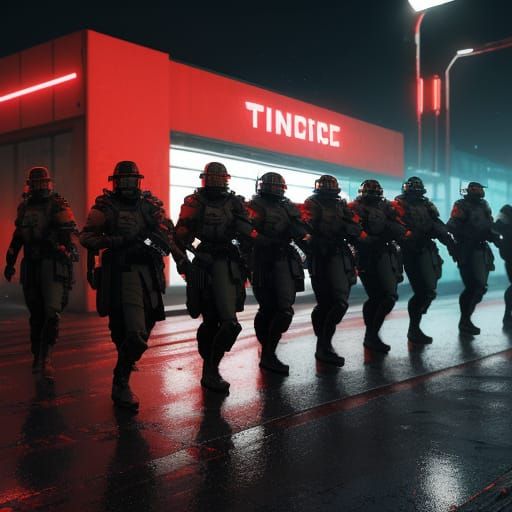Dystopian Sci-Fi Soldiers Marching in a Neon City