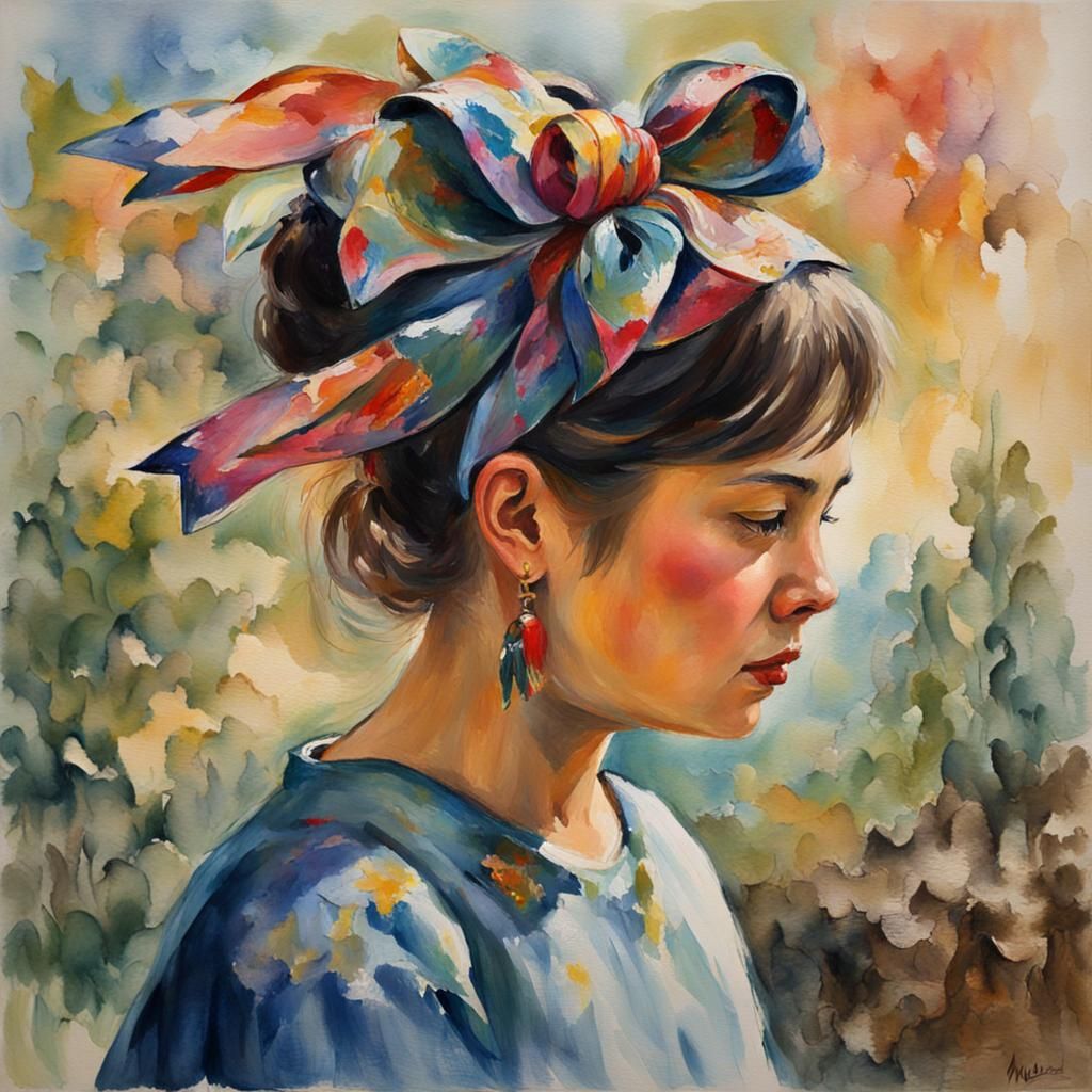 Gouache Style Figure with Bow, Maximalist Painting