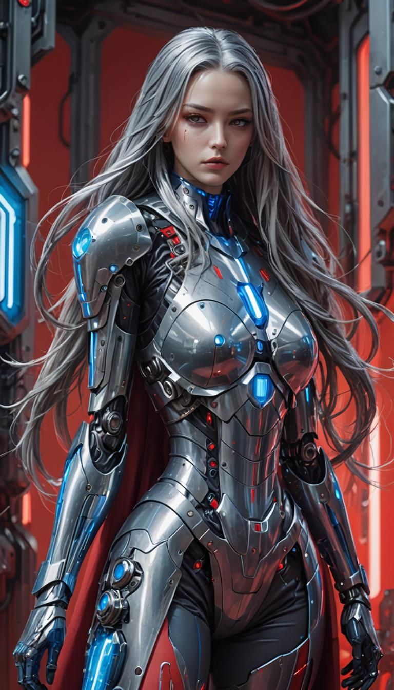 Female Android in a grey cybersuit with silver long hair