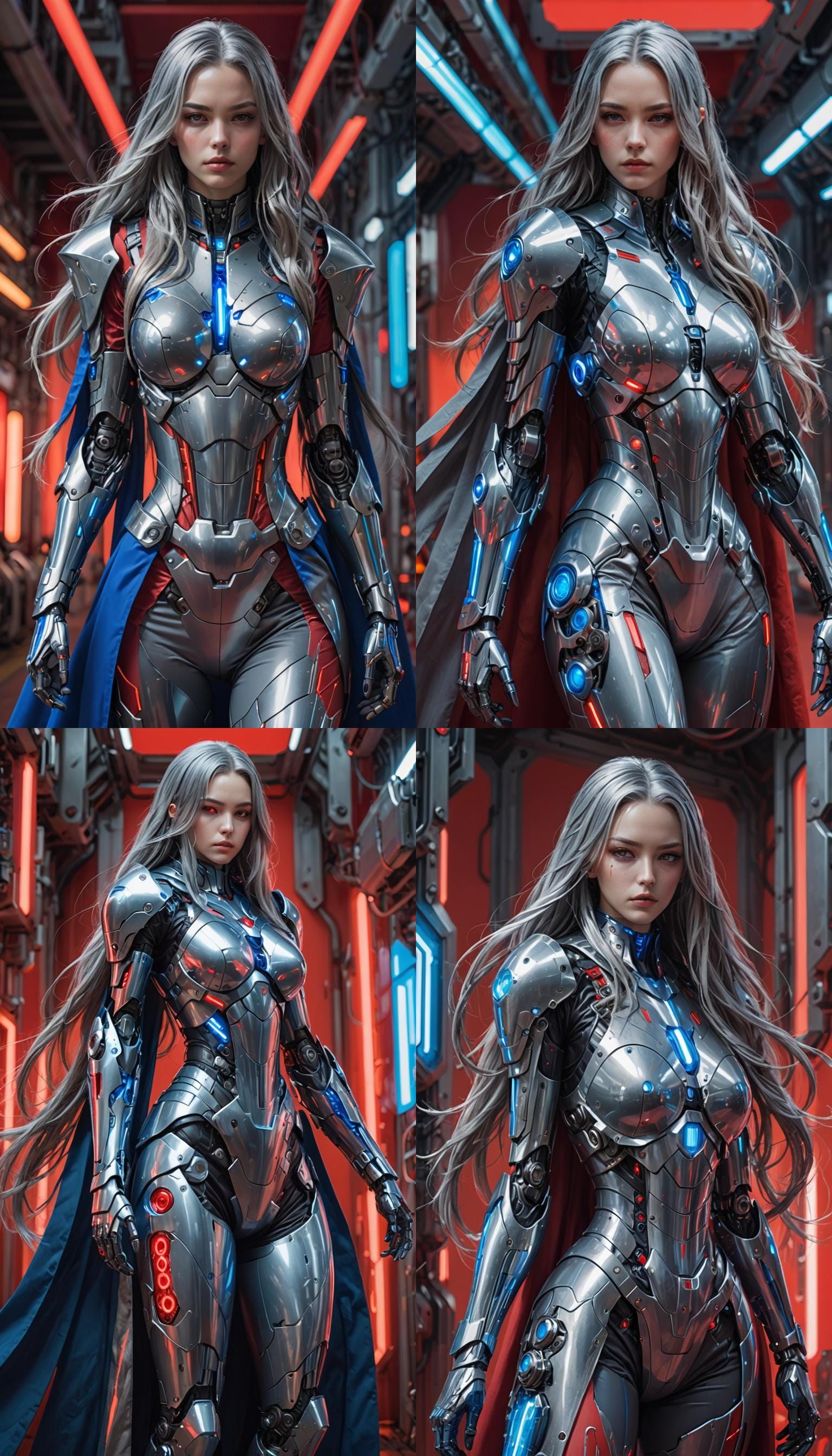 Female Android in a grey cybersuit with silver long hair