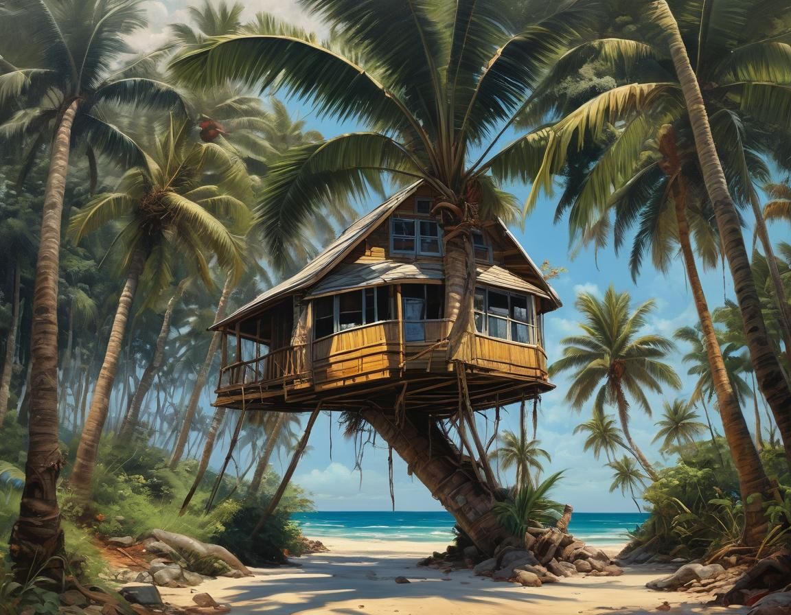 Tropical Beach House with Giant Palm, Oil Painting