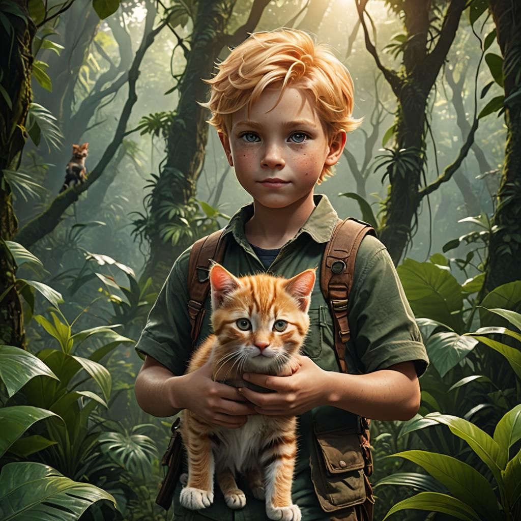 Blond Boy with Kitten in Jungle, Detailed Matte Painting