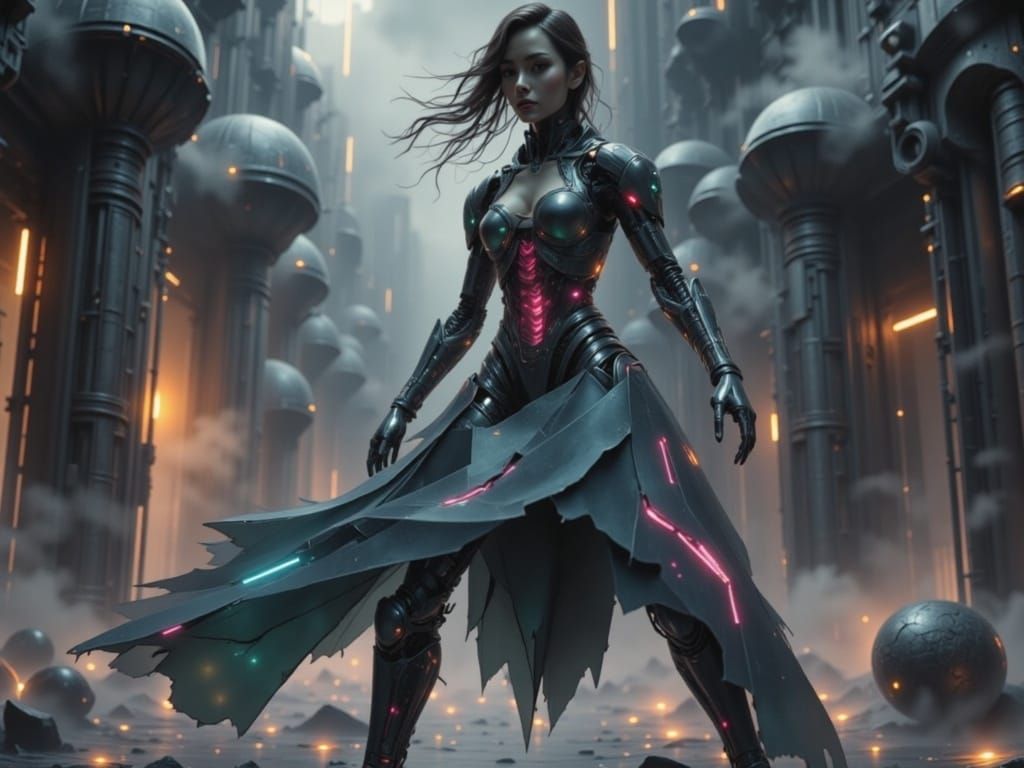 Cyberpunk Android in Ruined Futuristic City