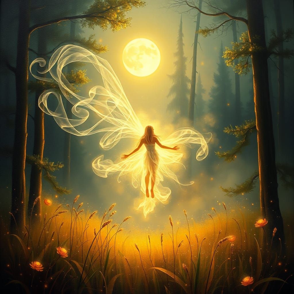 Mystical Light Fairy in Moonlit Forest