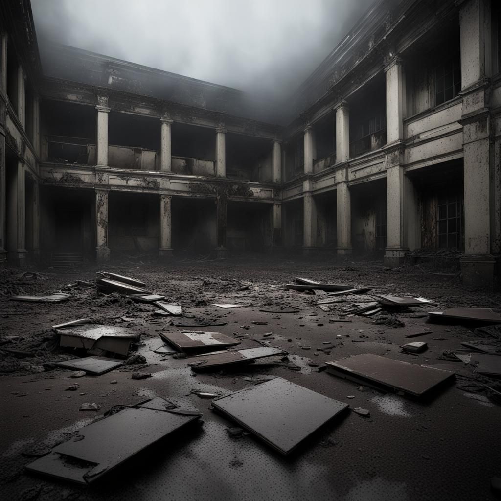 Eerie Abandoned School Interior with Broken Features