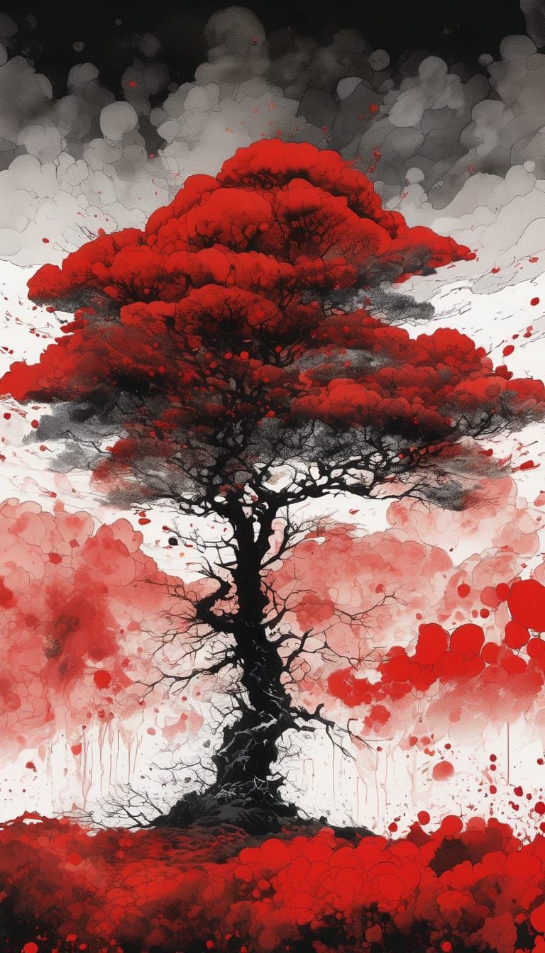 Monochrome Red Tree Landscape with Ink Details