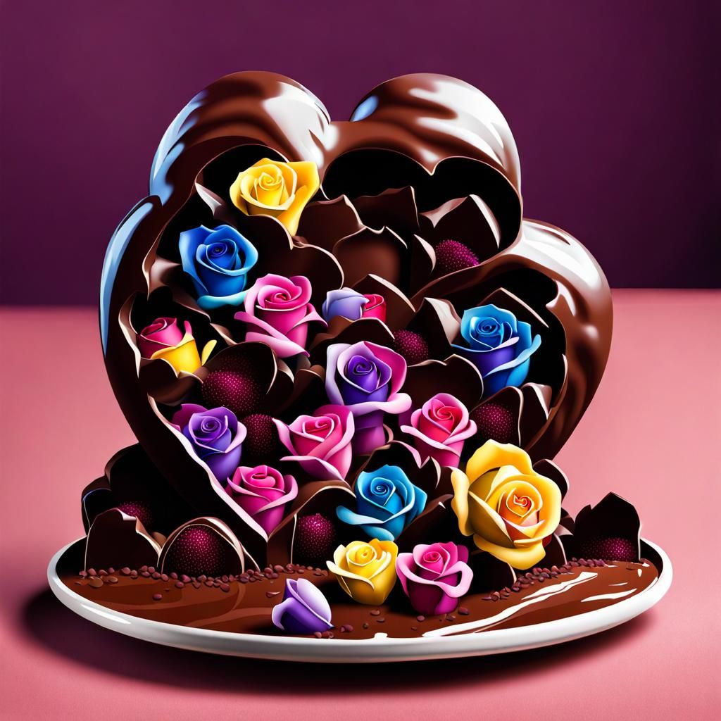 Chocolate Heart Bursting with Colorful Roses