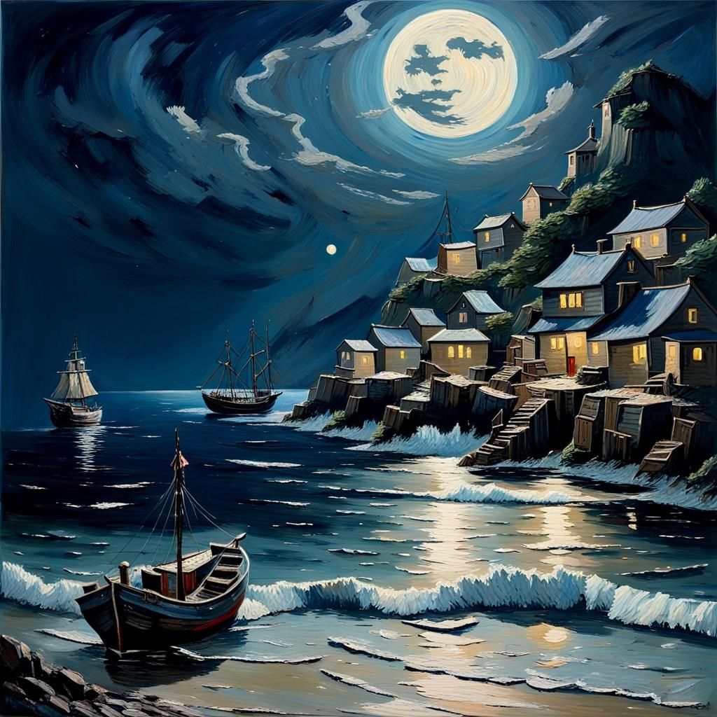 Moonlit Fishing Village: Impasto Gouache Masterpiece
