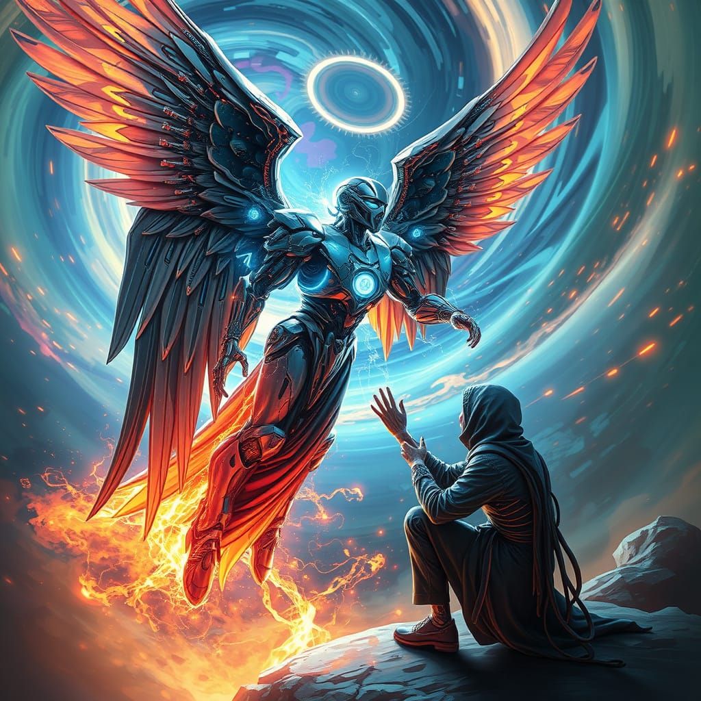 Biomechanical Angel Descends in Digital Painting