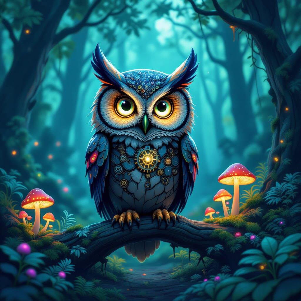 Mechanical Owl in Psychedelic Enchanted Forest