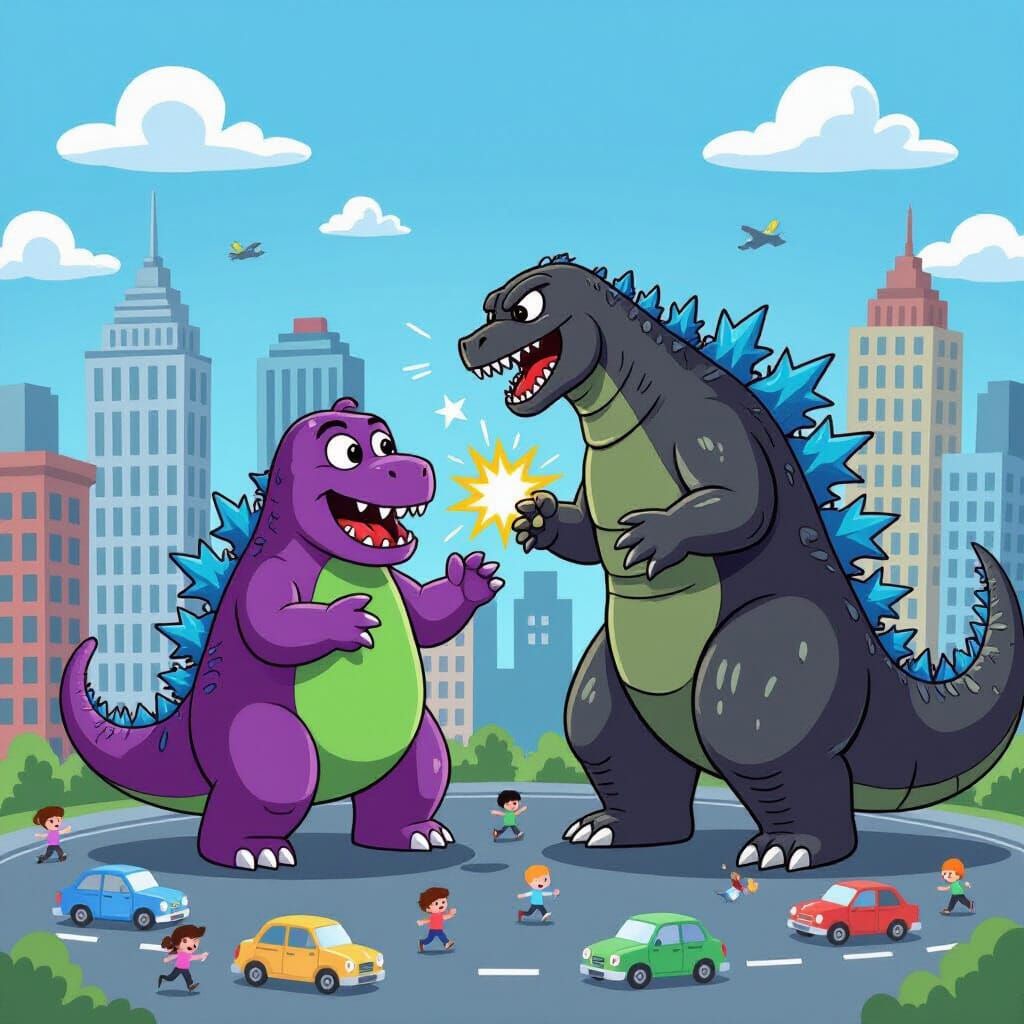 Cartoon Barney Battles Godzilla to Save City