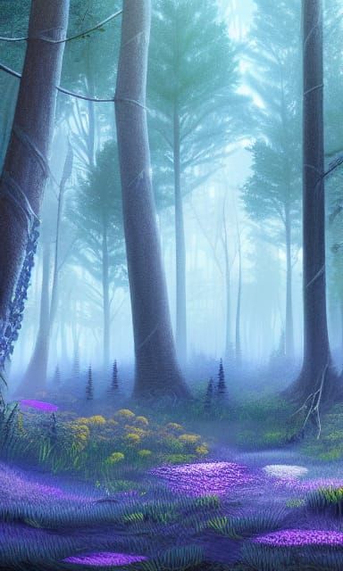 Intricately Detailed Forest with Indigo Flowers