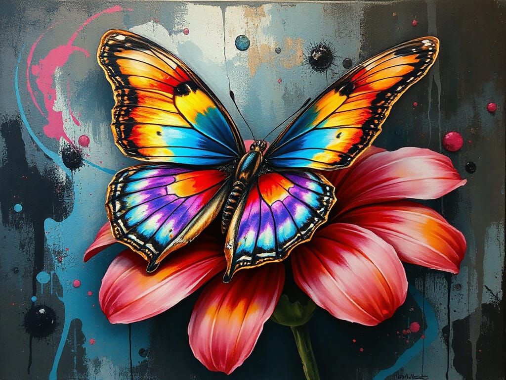 Iridescent Butterfly on Flower in Fantasy Realism