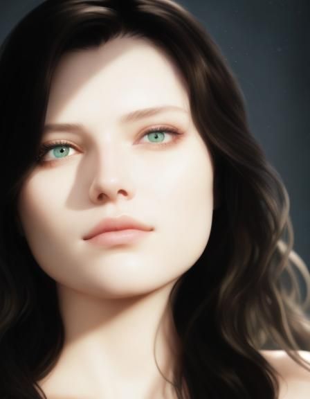 Very realistic portrait teenage Gothic girl with long wavy brown hair and green eyes and porcelain white skin& photoreal...