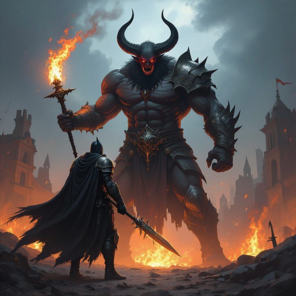 Knight vs Demon Lord in Flaming Ruins