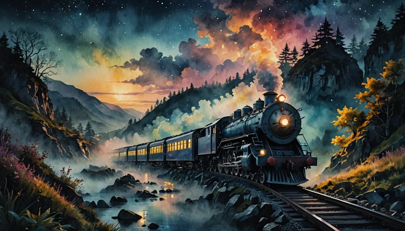 Fantasy Train Glides Through Magical Landscape
