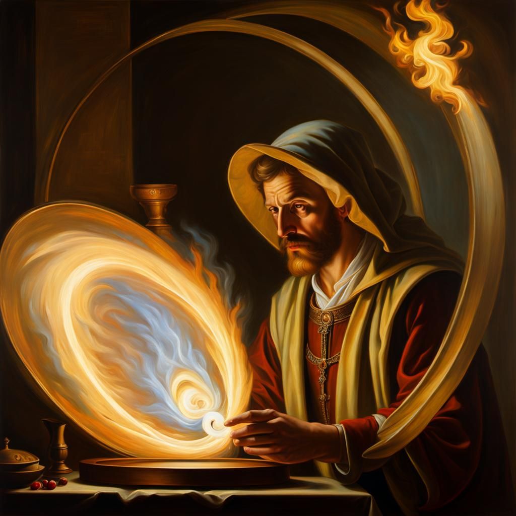 Alchemist Demonstrating Focused Light in Renaissance Style