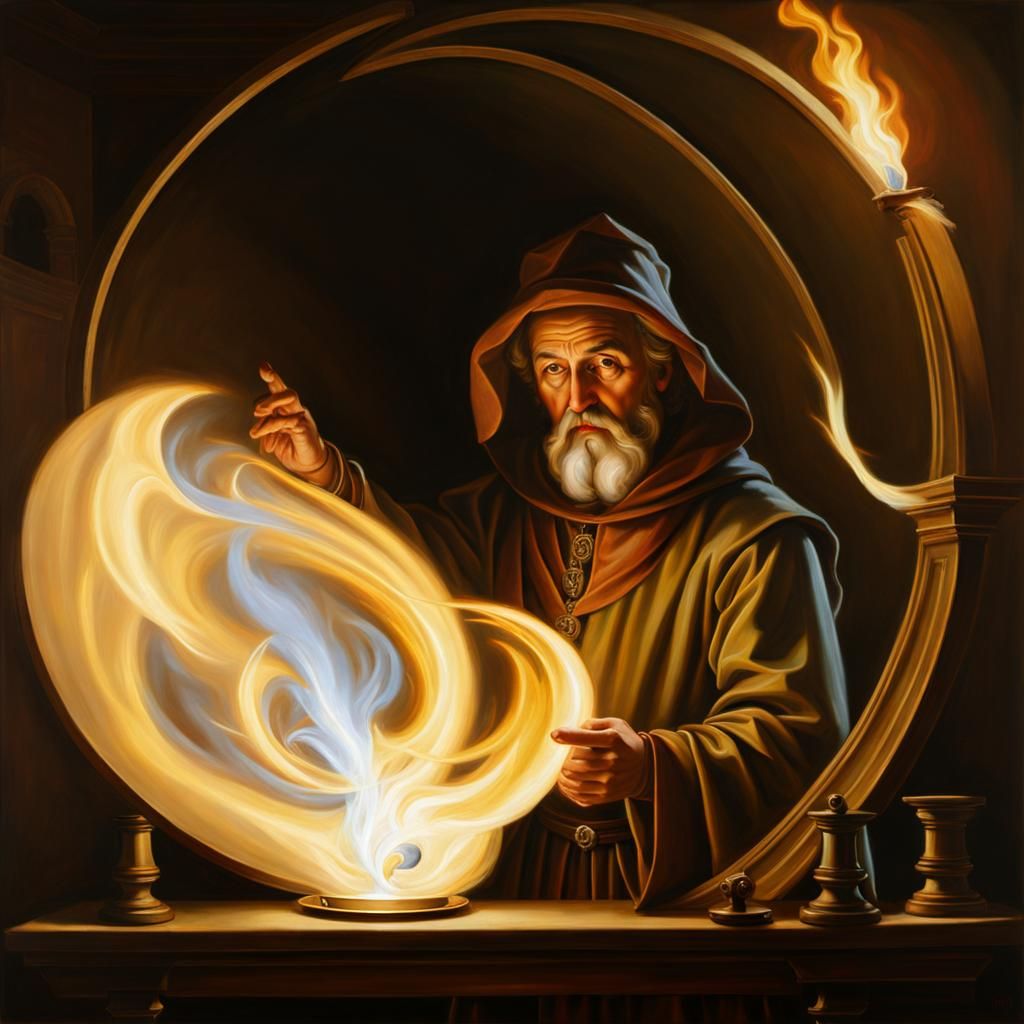 Alchemist Demonstrating Light Heat: Renaissance Oil Painting