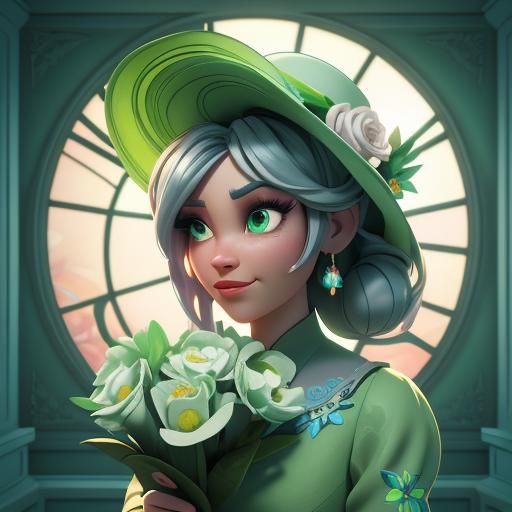 Girl in Floral Dress: 3D Digital Cartoon Art