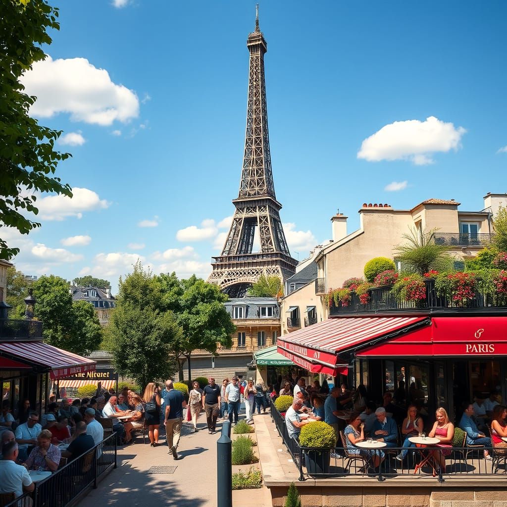 Eiffel Tower Over Parisian Cafes on Sunny Day