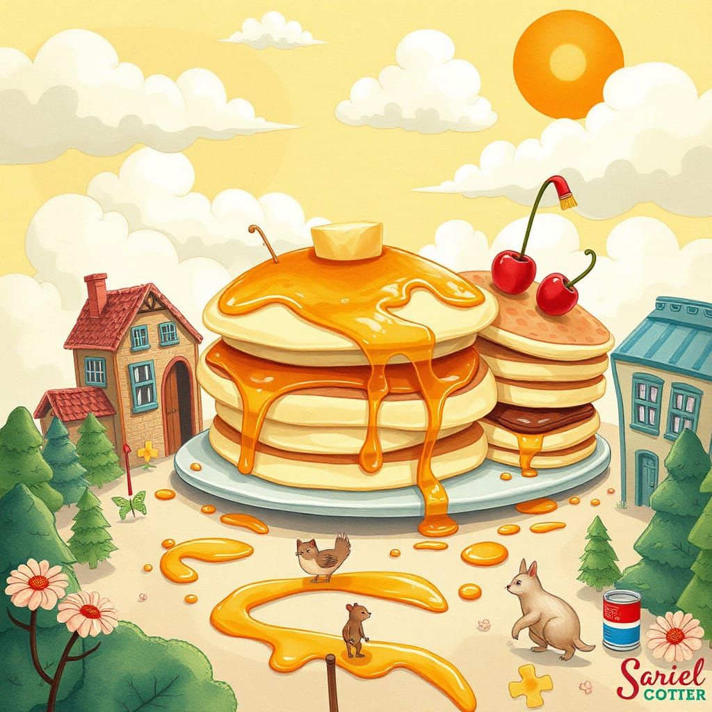Whimsical Pancake Realm in Vibrant, Sunny Landscapes