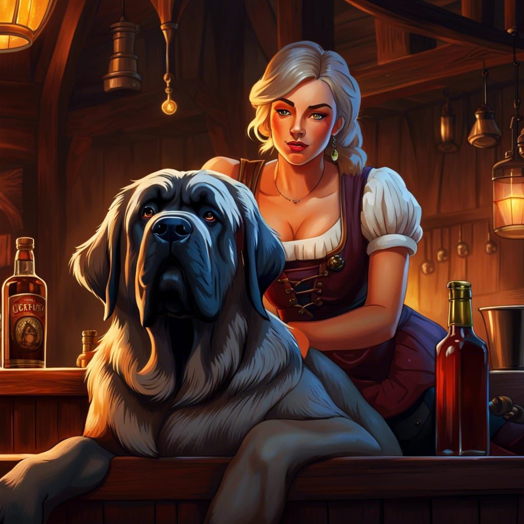 Tipsy Barmaid with Mastiff in Dark Fantasy Art