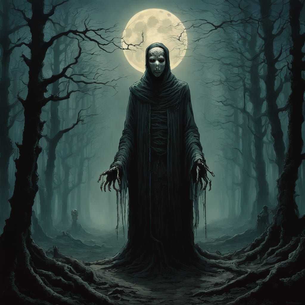 Figure in Tattered Victorian Attire Walks Through Dark Fores...